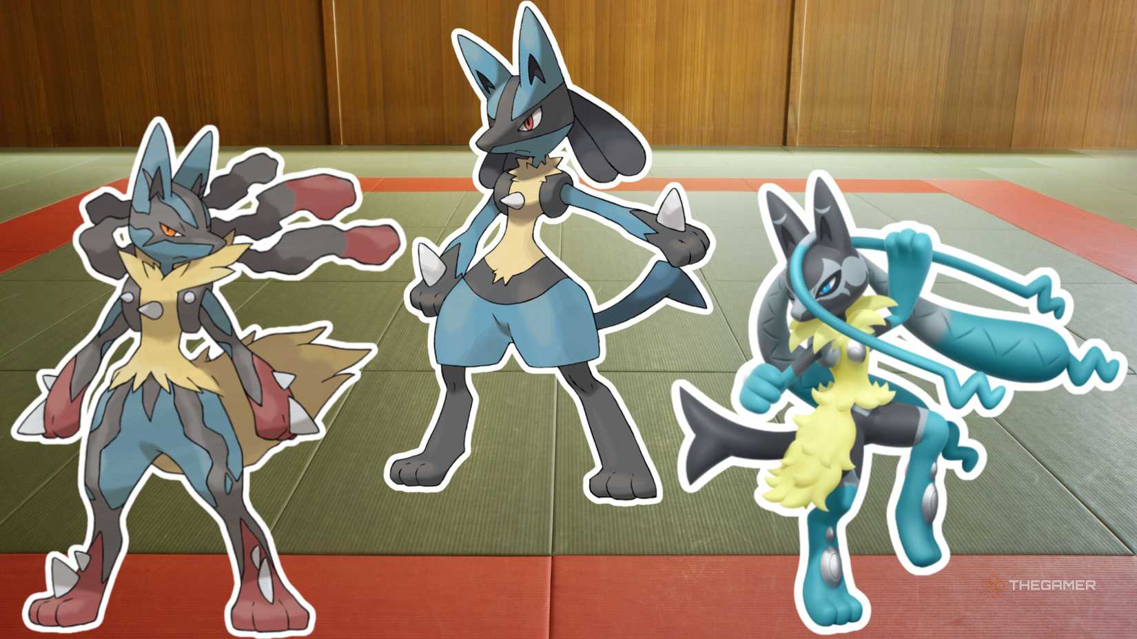 Regular and Mega Lucario from Pokemon on a fighting ring background.