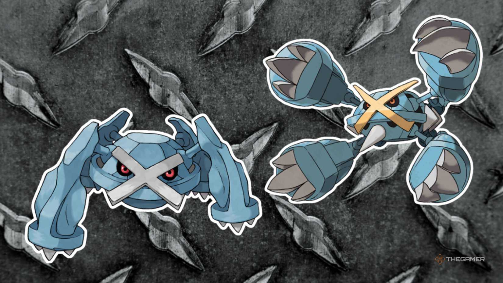 Regular and Mega Metagross from Pokemon on a metal background.
