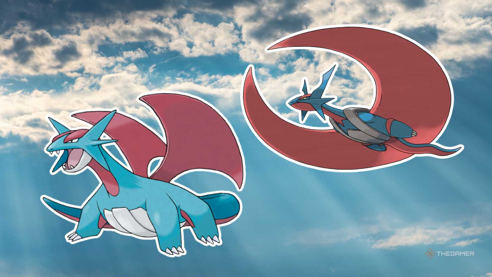 Regular and Mega Salamence from Pokemon on a blue sky background.