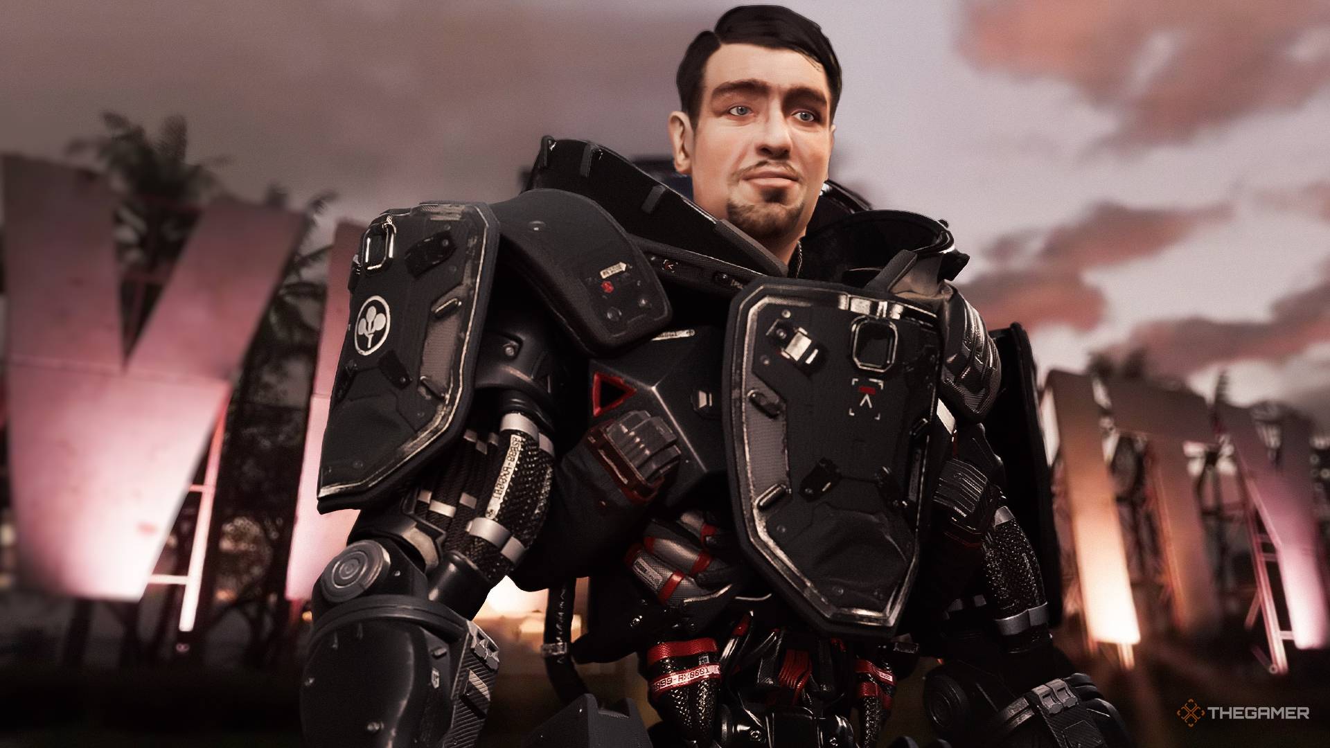 Roman from GTA 4 in a mech suit in front of the Vice City sign.