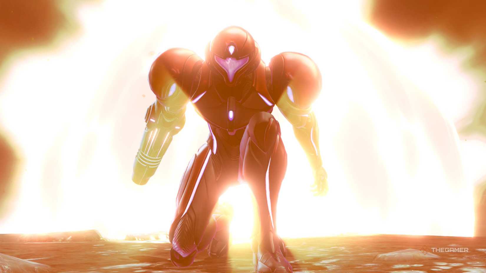 Samus was crouching as an explosion sounded in Metroid Prime 4 Beyond.
