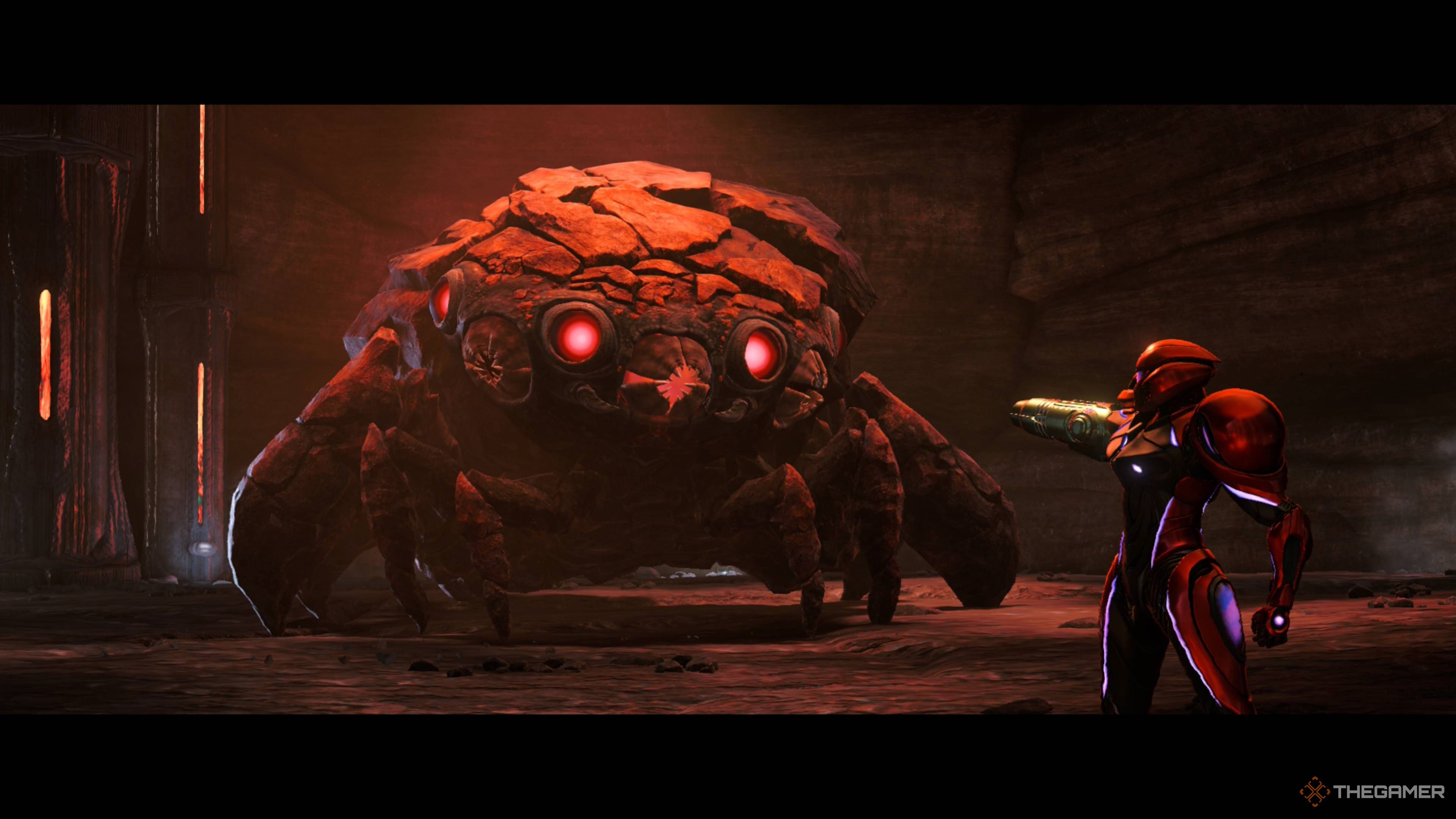 Samus pointing her arm cannon at behemoth in metroid prime 4 beyond.