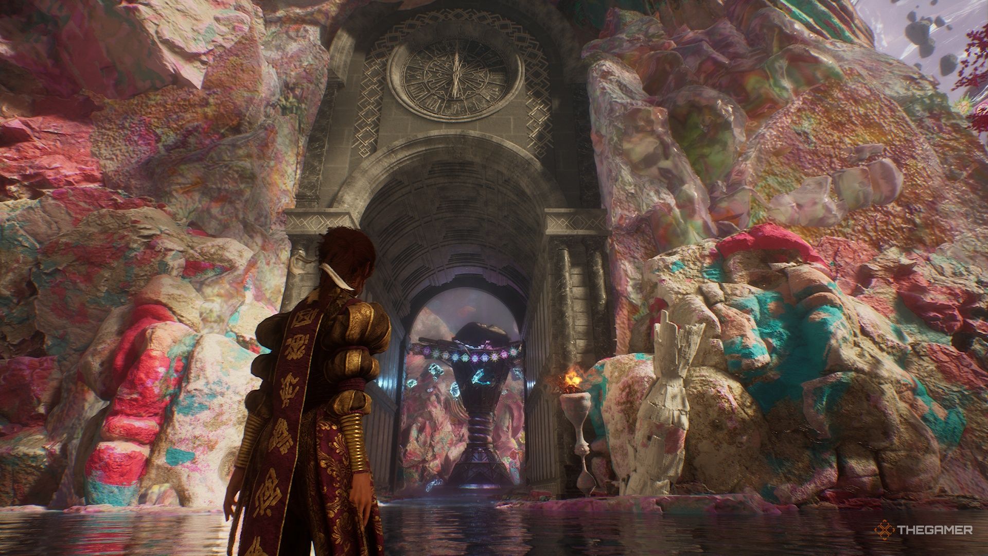 Sciel looking up at a grey archway in Clair Obscur Expedition 33.