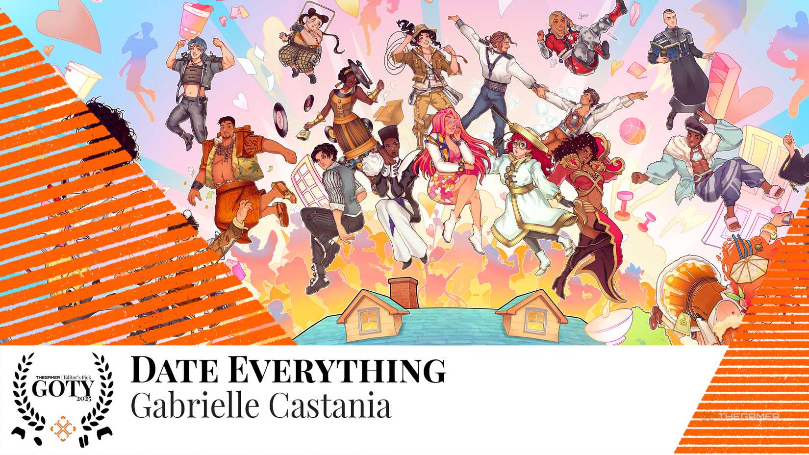 Several characters from key art for Date Everything with TheGamer's Game of the Year artwork for Gabrielle Castania.