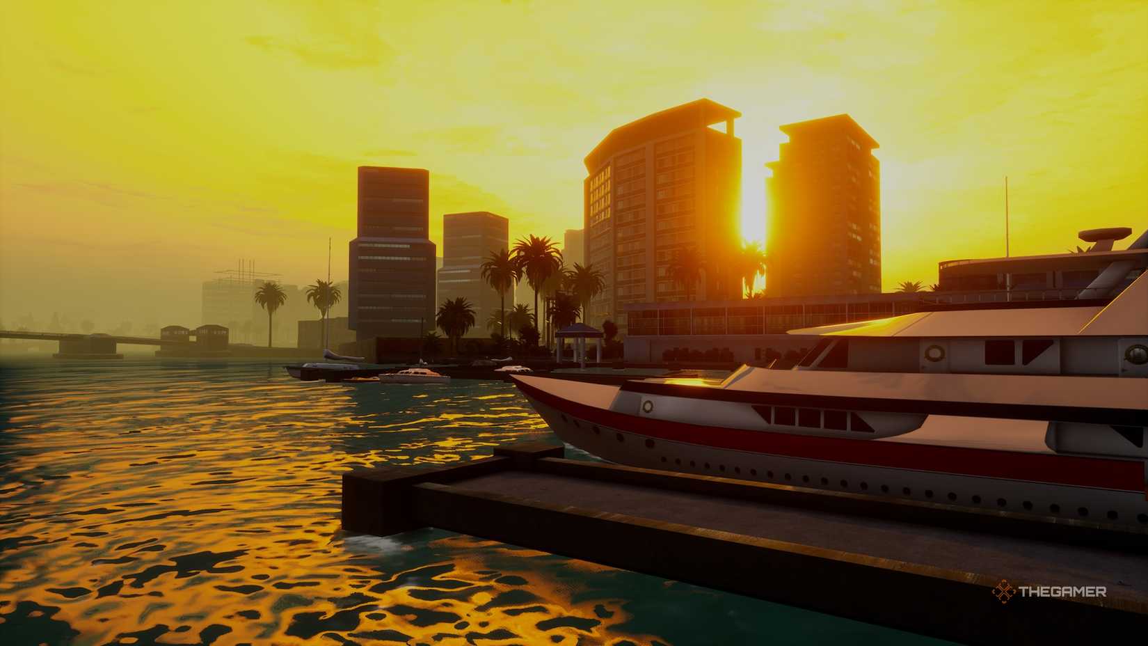 Sail the seas with the sun in the background in Grand Theft Auto Vice City.