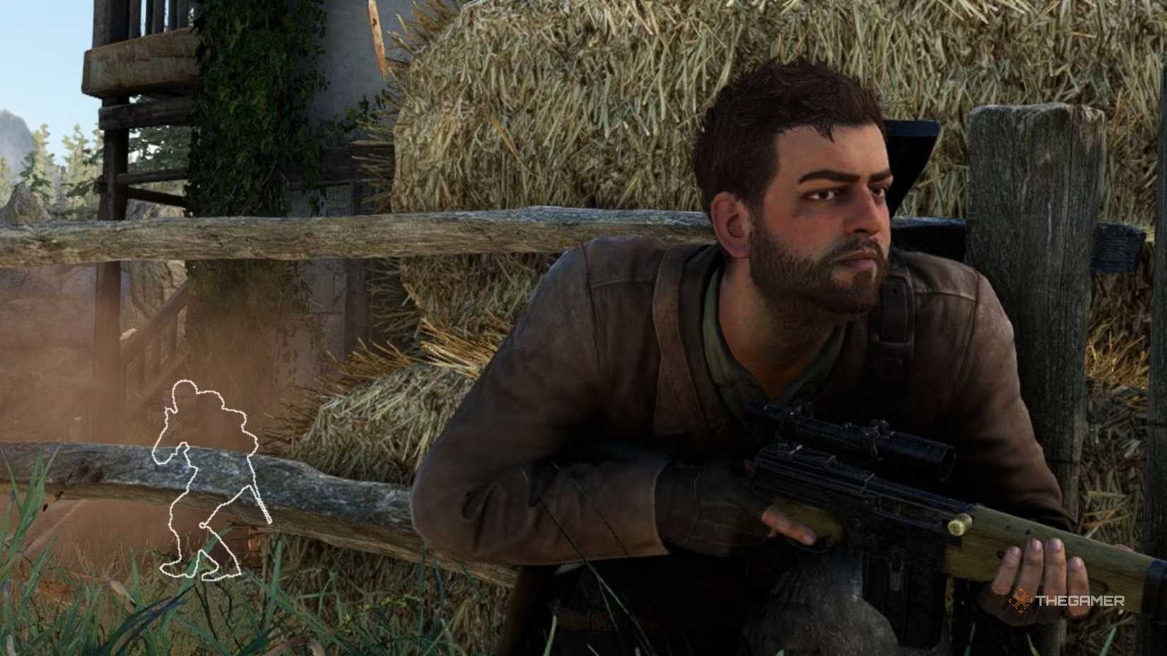 A sniper elite character crouching behind a fence.