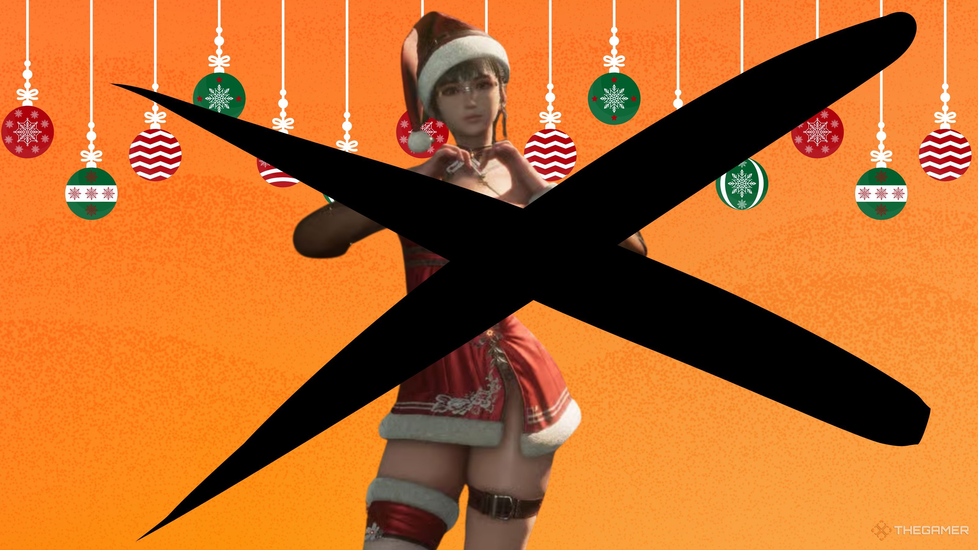 Eve from Stellar Blade with a cross over her Christmas outfit