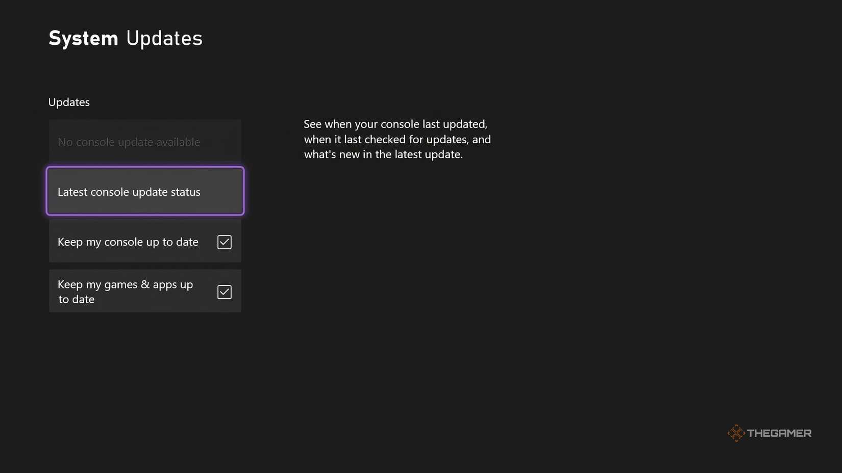 System Update page on Xbox.