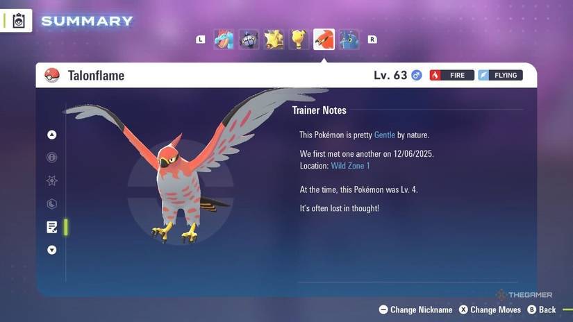 Talonflame on the summary page in Pokemon Legends ZA.