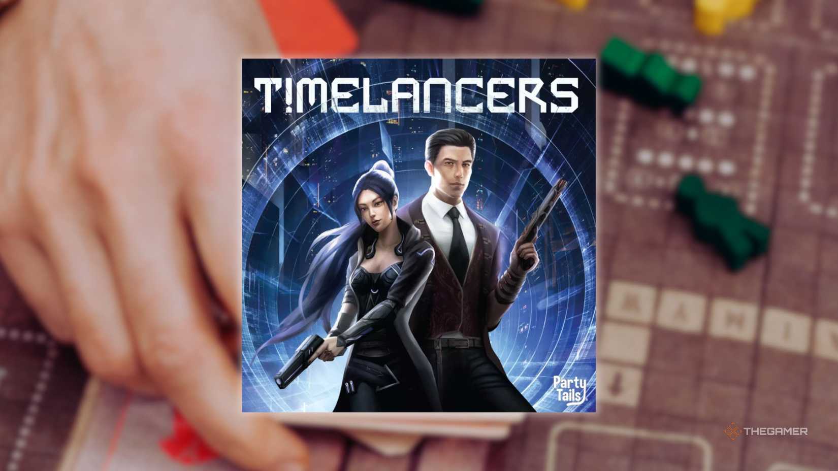 The cover of Timelancers in front of a hand playing a grid-based board game for the best board games of 2025.