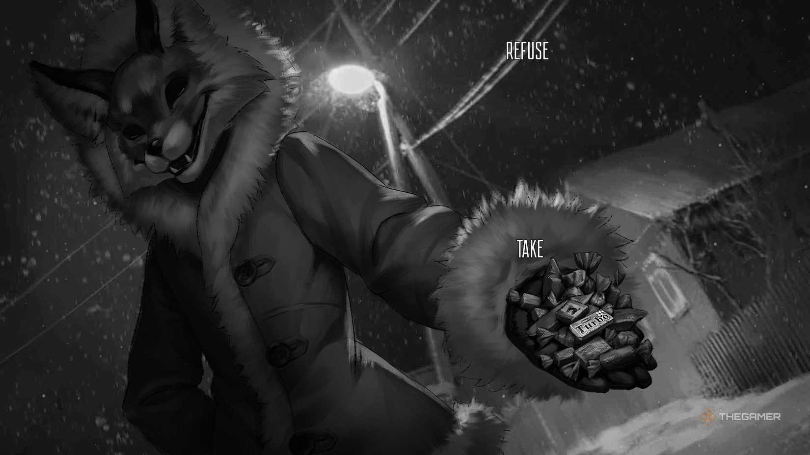 Fox girl giving sweets in Tiny Bunny.