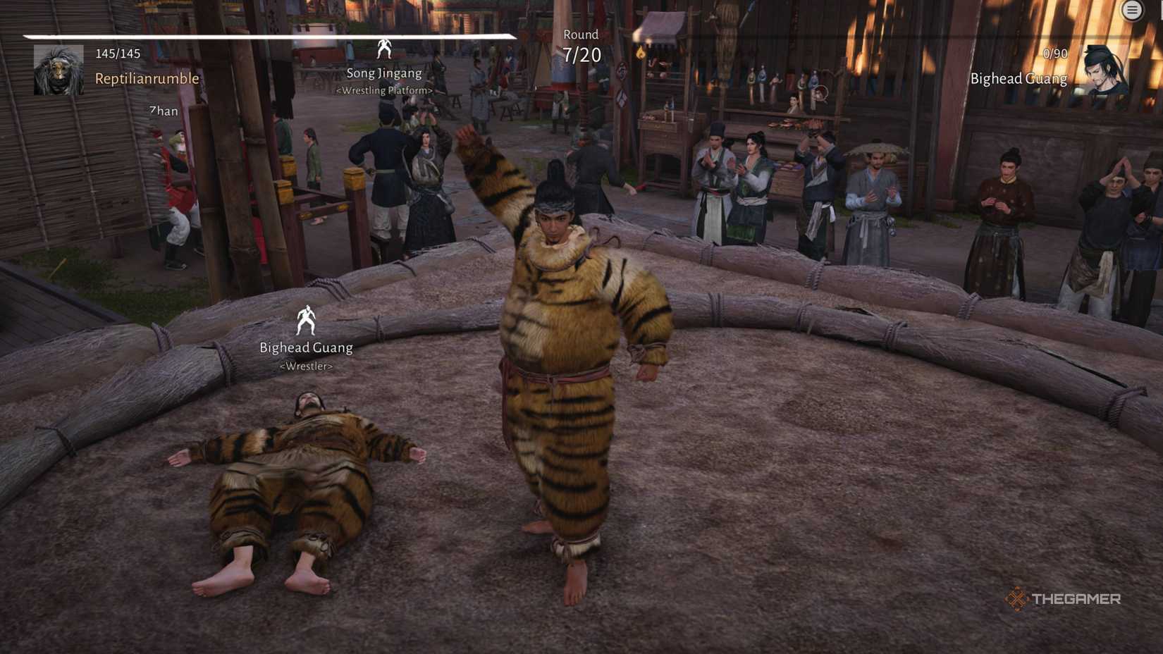 The player beating an NPC at wrestling in where winds meet.