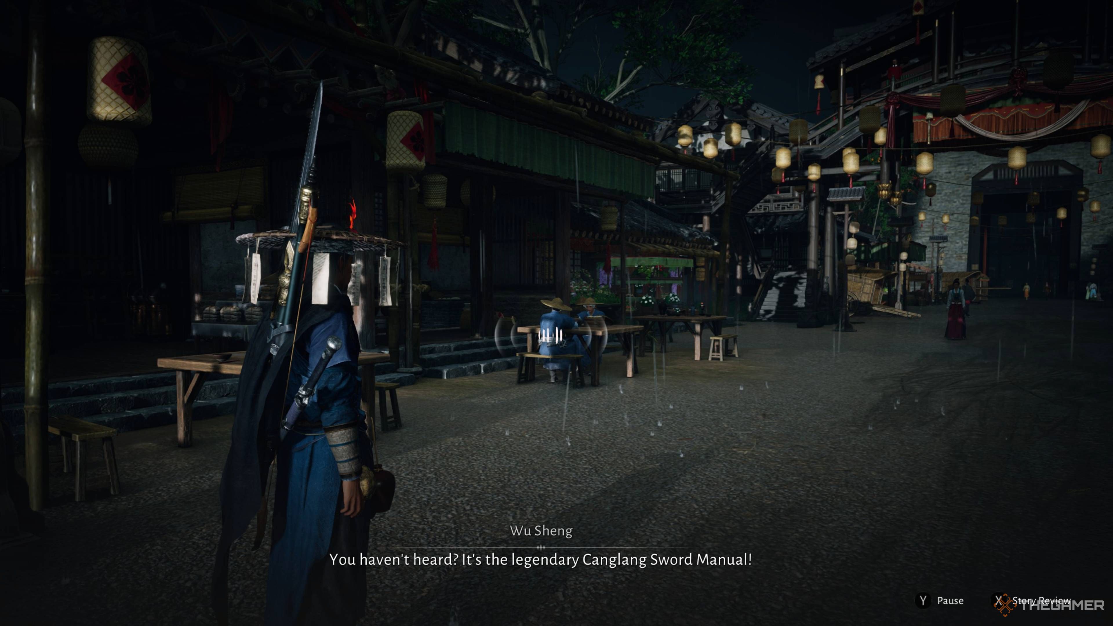 The player overhearing a conversation about a manual in where winds meet.