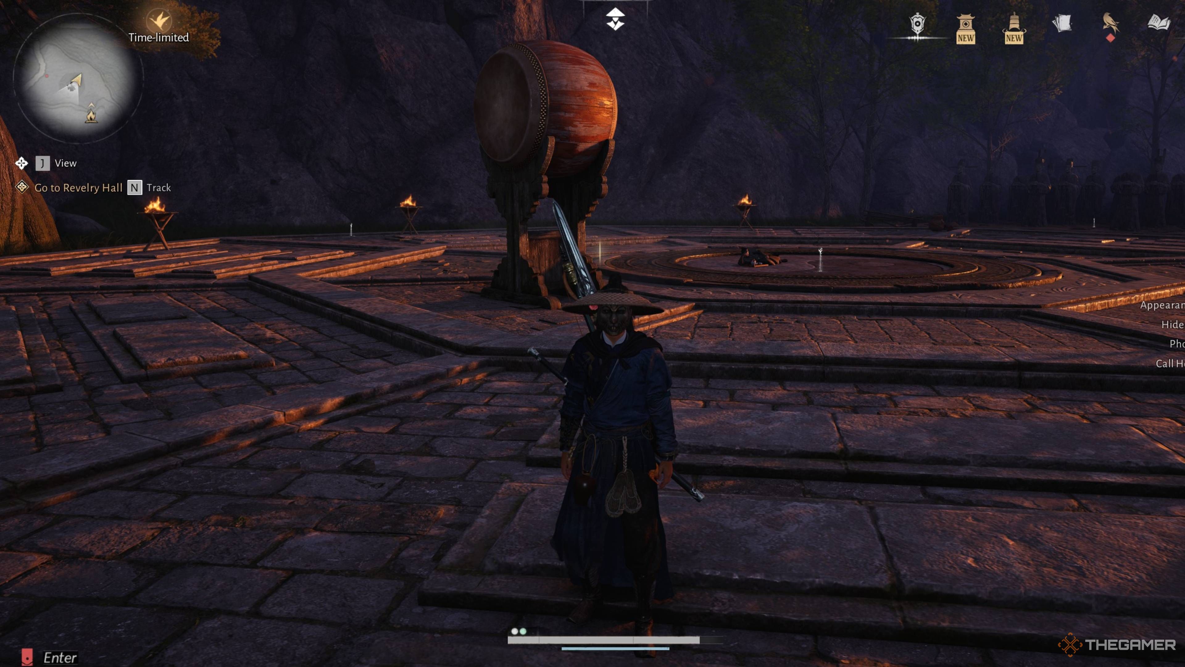 The player standing on a stone dais in where winds meet.