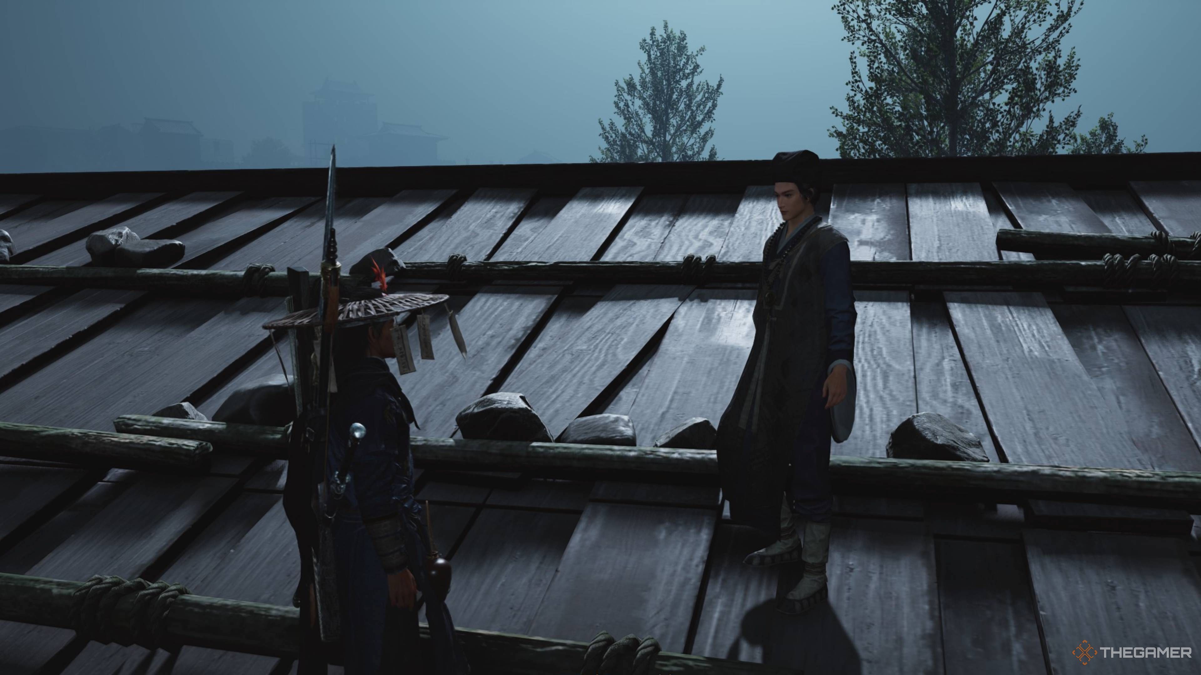 The player talking with another character on a roof in where winds meet.