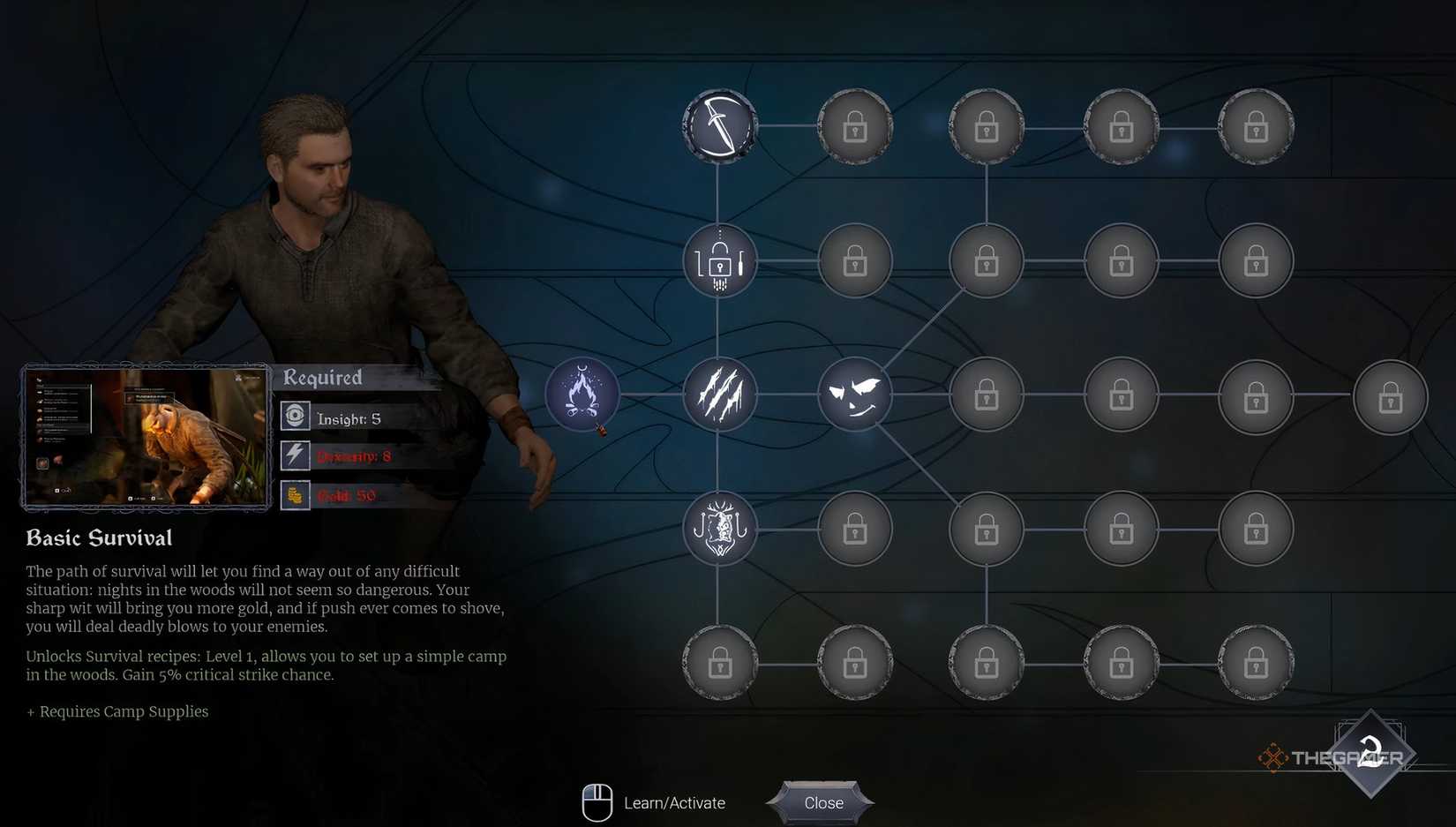 The survival skill tree in ash and steel.