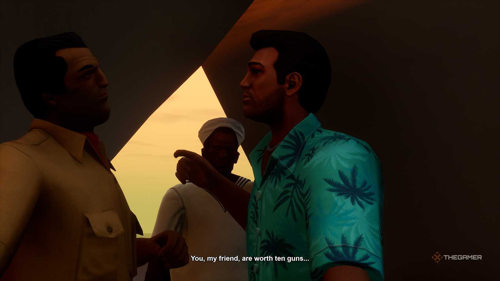 Tommy looking at Cortez in Grand Theft Auto Vice City.