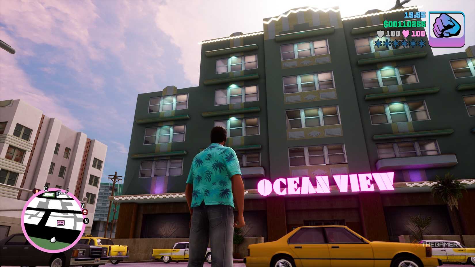 Tommy looking at the Ocean View Hotel in Grand Theft Auto Vice City.