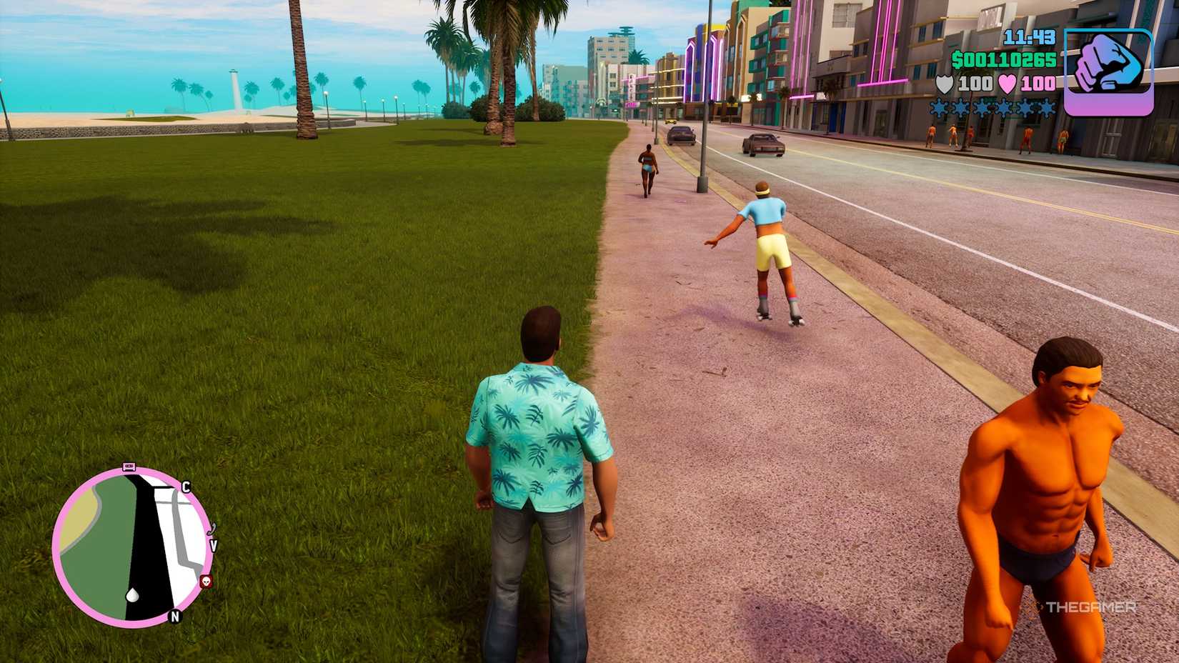 Tommy was watching the skaters on the streets of Grand Theft Auto Vice City.
