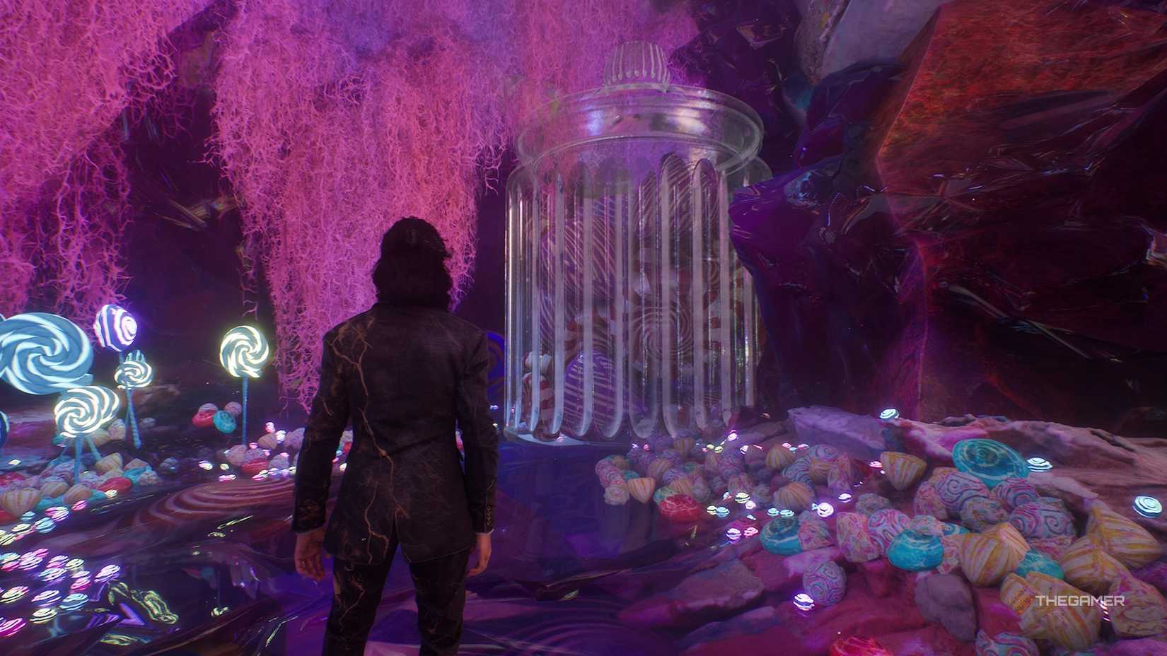 Verso در حال نگاه کردن به یک ظرف آب نبات در Clair Obscur Expedition 33.