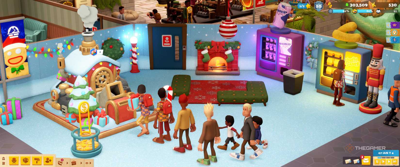 Visitors queuing for the gift giver next to the snack area in Two Point Museum.