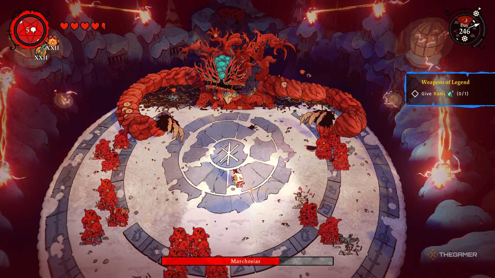 A player defeating the Marchosias boss in Cult of the Lamb: Woolhaven.
