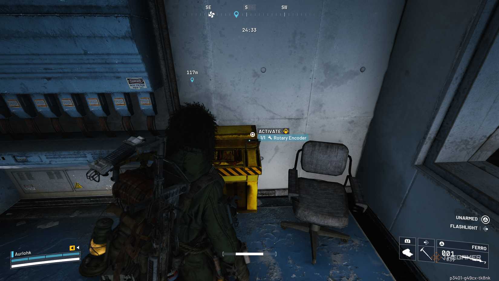 In Arc Raiders a player raider standing next to a bright yellow and textured server mechanism with a blue prompt above.