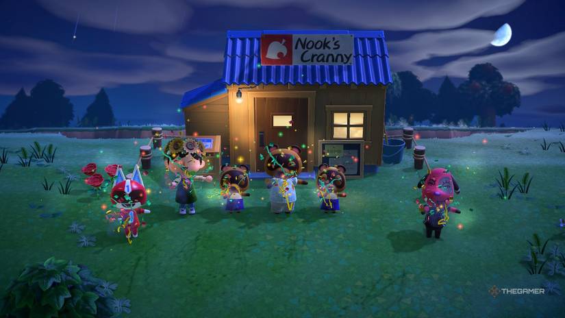 Players and villagers celebrating the release of Nook's Cranny in Animal Crossing New Horizons.