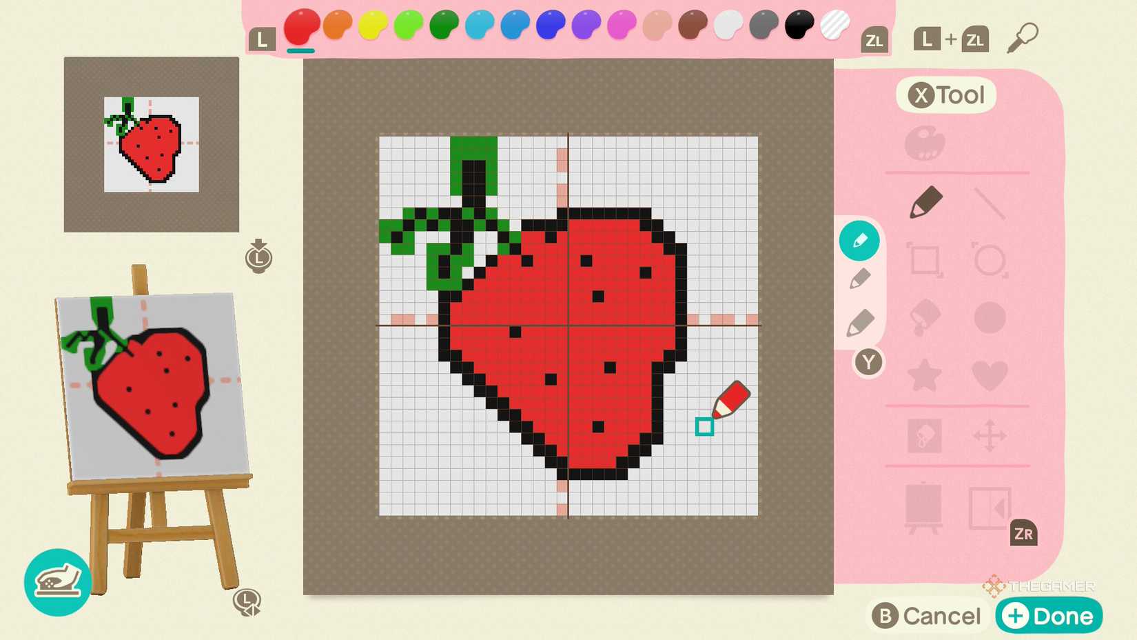 An illustration of a strawberry drawn using mouse controls in Animal Crossing New Horizons.
