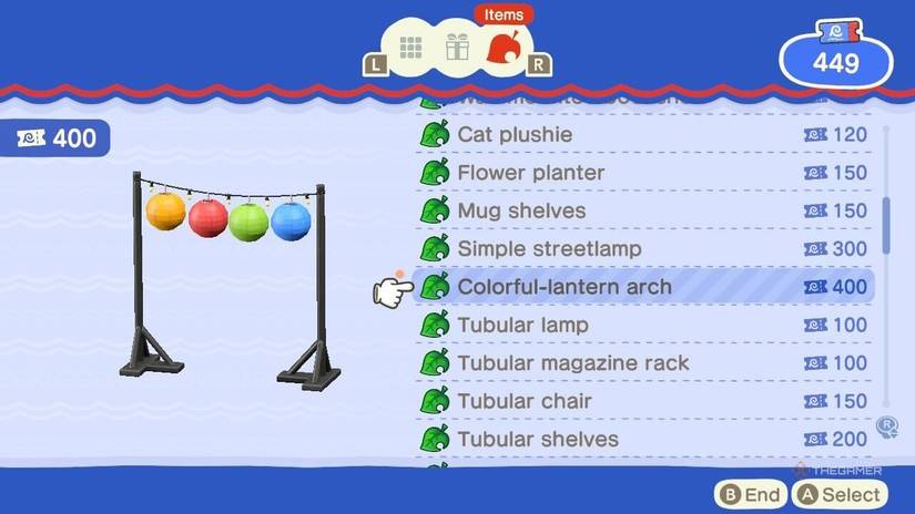 Colorful lantern arc for sale in the gift shop at Hotel Resort in Animal Crossing New Horizons in update 3.0.