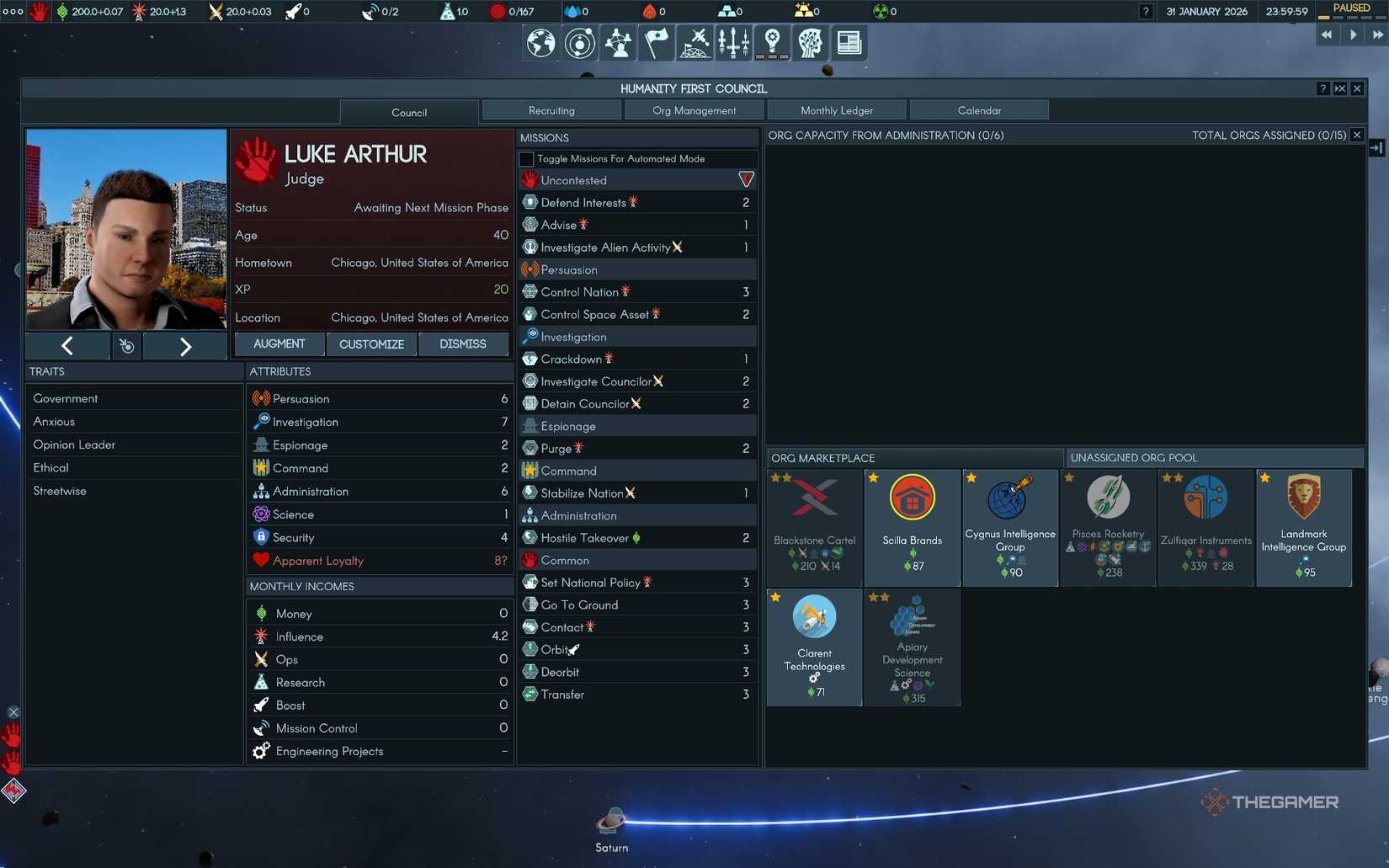 Councilor for Humanity First and what organizations can join in Terra Invicta.