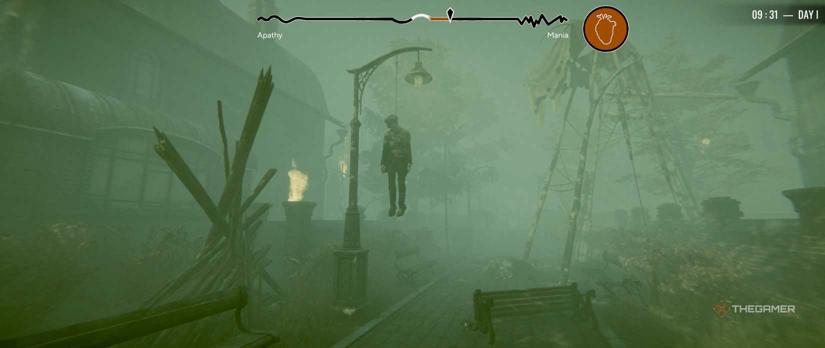 A corpse hanging from a lamppost in the infected district of Pathologic 3.