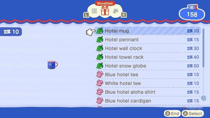 Hotel mug for sale in the gift shop at Hotel Resort in Animal Crossing New Horizons in update 3.0.