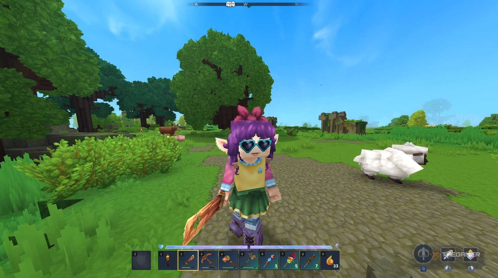A Hytale player standing with several animals.