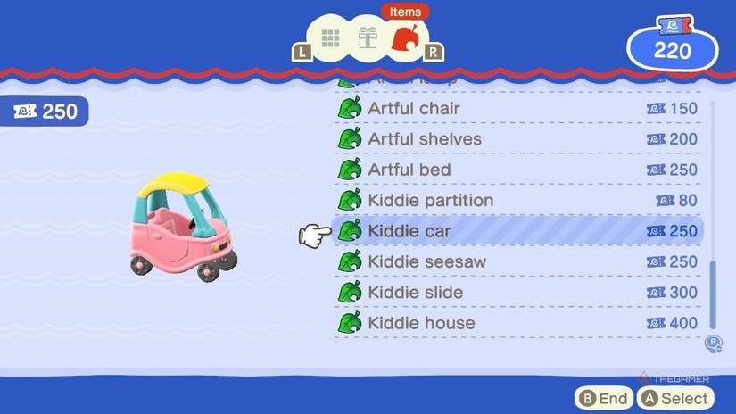 Baby car for sale in the gift shop at Hotel Resort in Animal Crossing New Horizons in update 3.0.