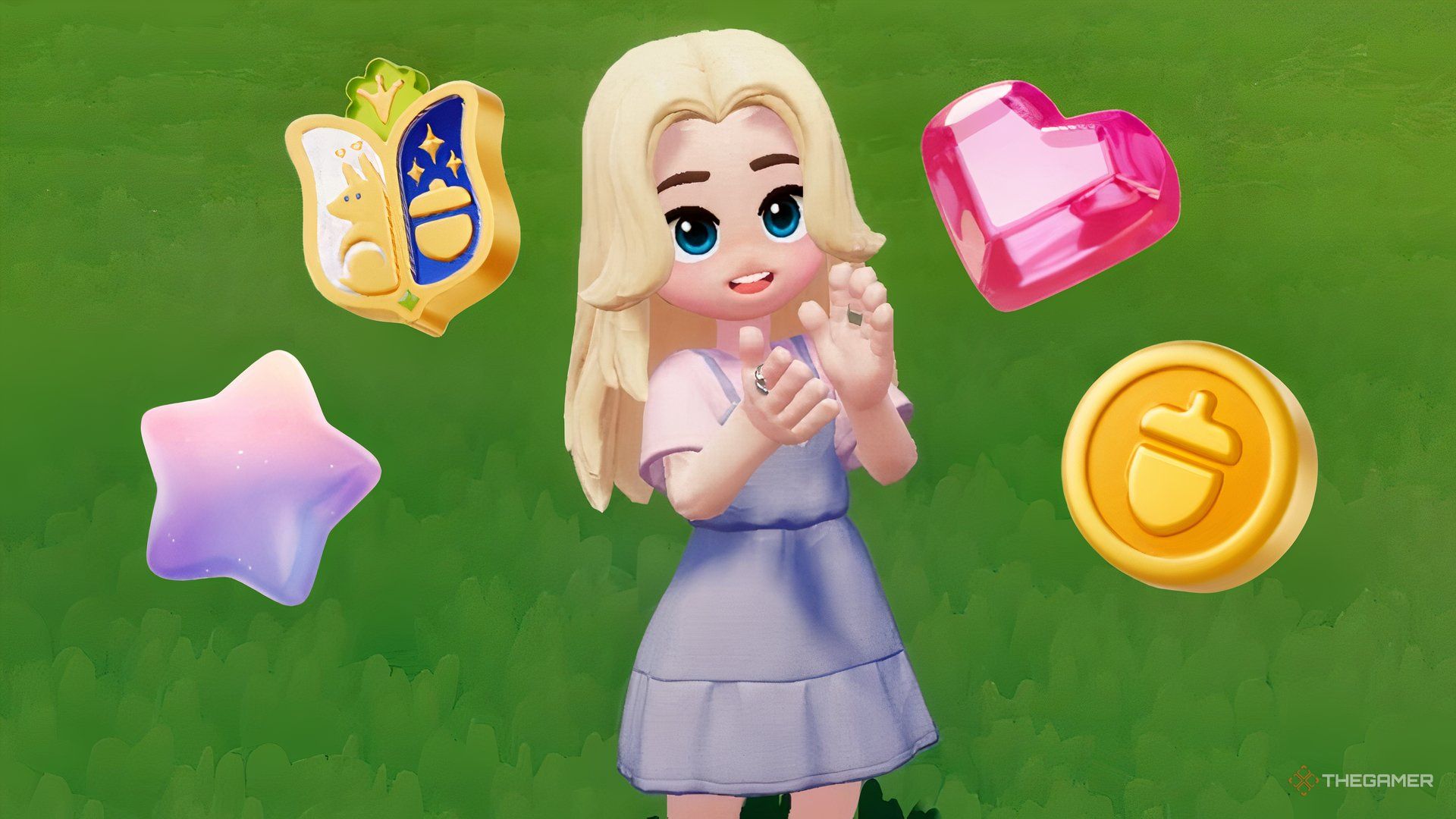 A player emoting in Heartopia in the grass with currencies above his head.