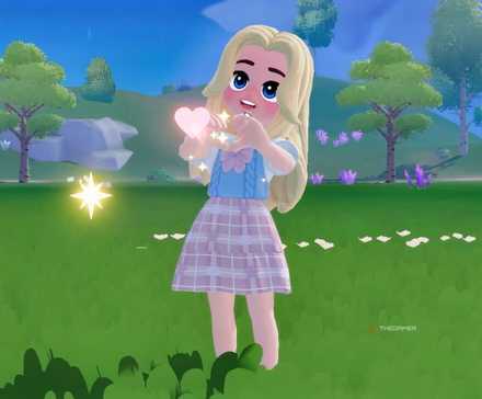 A player emoting in Heartopia in the grass.