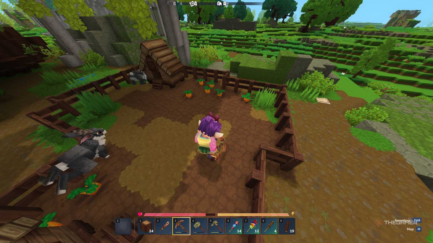 A plot with carrots growing and rabbit hutches in Hytale.