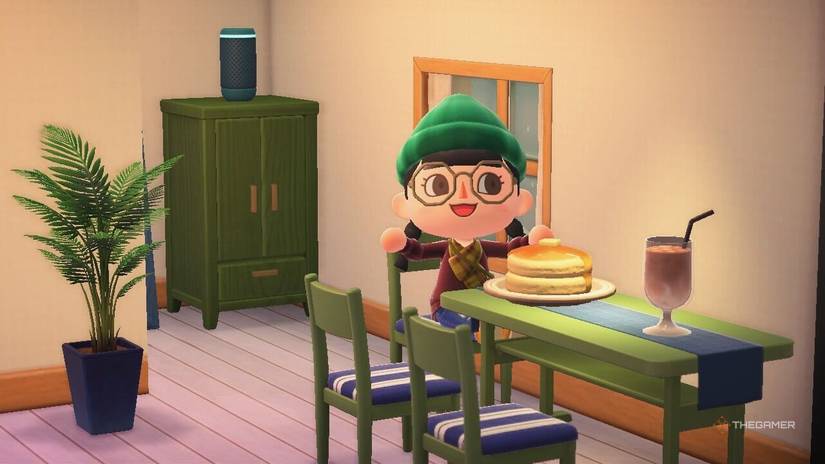 A villager in a simple room with pancakes and a drink at Hotel Resort in Animal Crossing New Horizons in update 3.0.