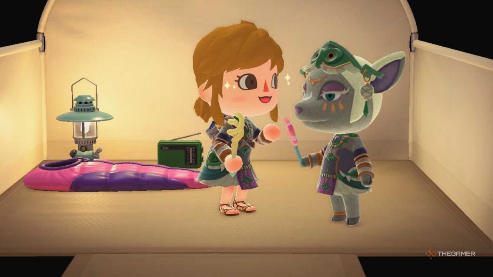 A villager posing at a campsite with Mineru from TOTK wearing several Zelda ACNH items from Animal Crossing New Horizons in the 3.0 update.