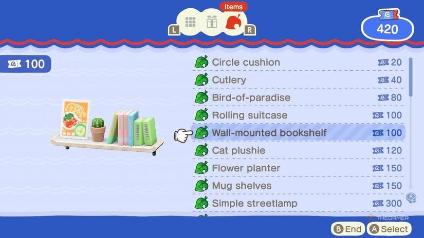 A wall-mounted bookcase for sale in the Gift Shop at the Resort Hotel in Animal Crossing New Horizons in Update 3.0.