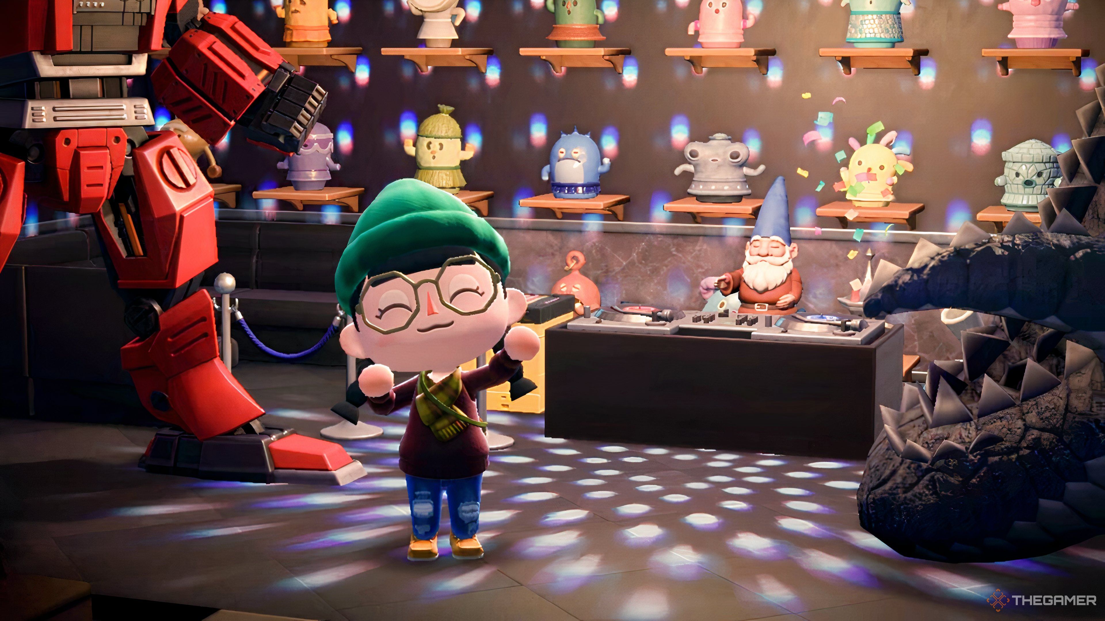 Animal Crossing New Horizons villager dancing at the DJ booth with some Gyroids in the background.