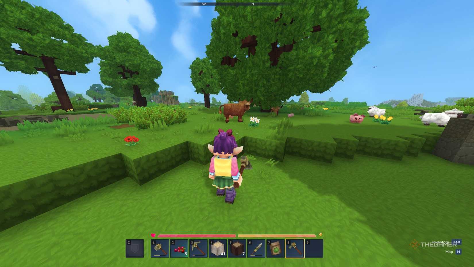 Djur och grödor på ett fält i Hytale.