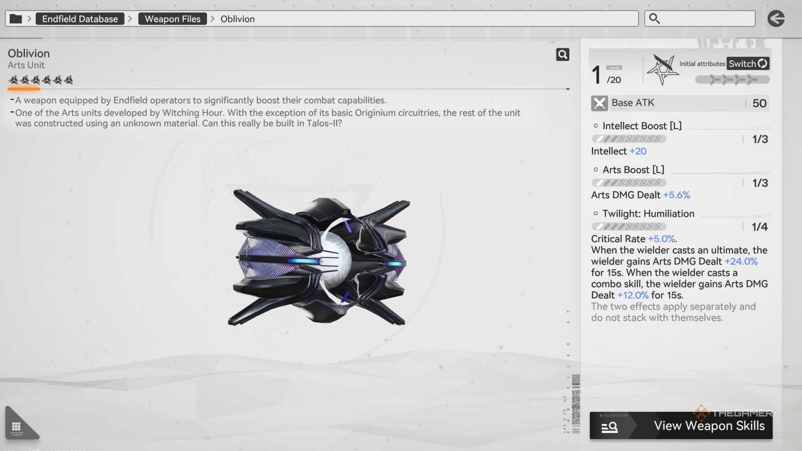 Arknights Endfield Oblivion unit art with description.
