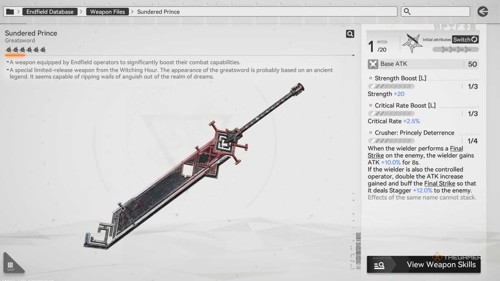 Arknights Endfield Sundered Prince Greatsword with description.
