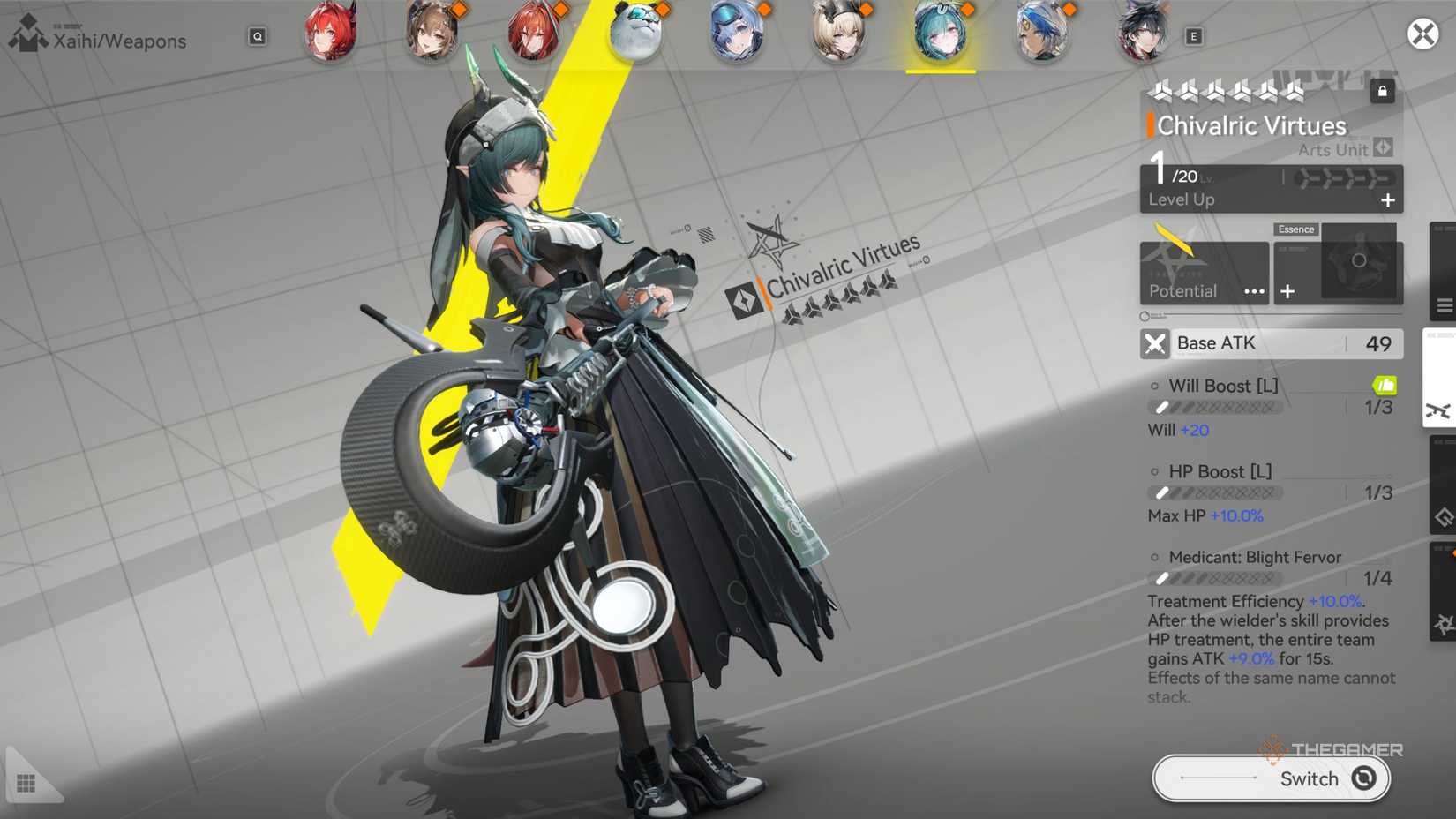 Arknights Endfield Xaihi weapon screen with Chivalric Virtues.