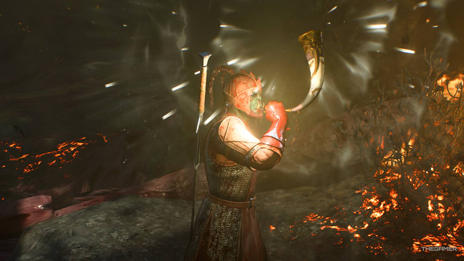 Baldur s Gate 3 orc blowing the Ogre Horn.