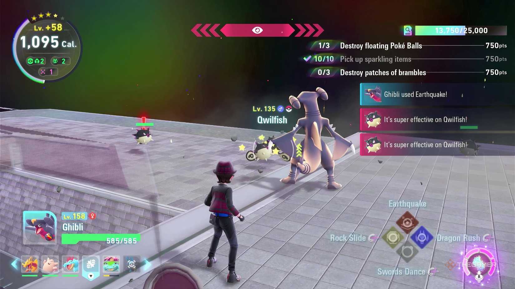 Battle Hisuian Qwilfish in Pokemon Legends: ZA Mega Dimension DLC with Garchomp using Earthquake.