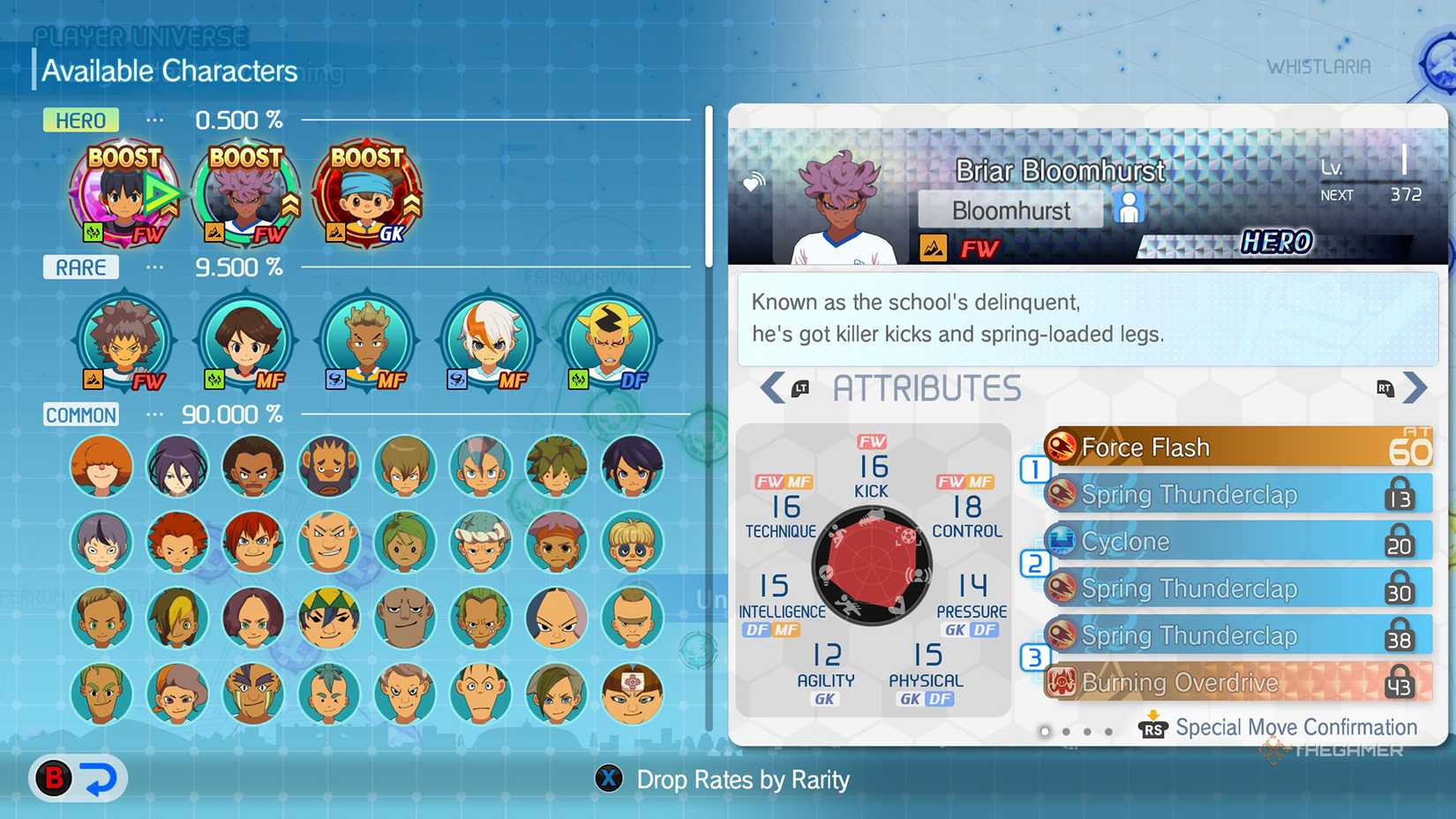 Briar Bloomhurst's base stats in Inazuma Eleven: Victory Road.