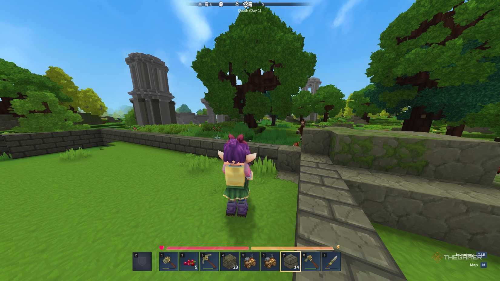 Building processed brick walls into raw stone to save on material when building an early base in Hytale.